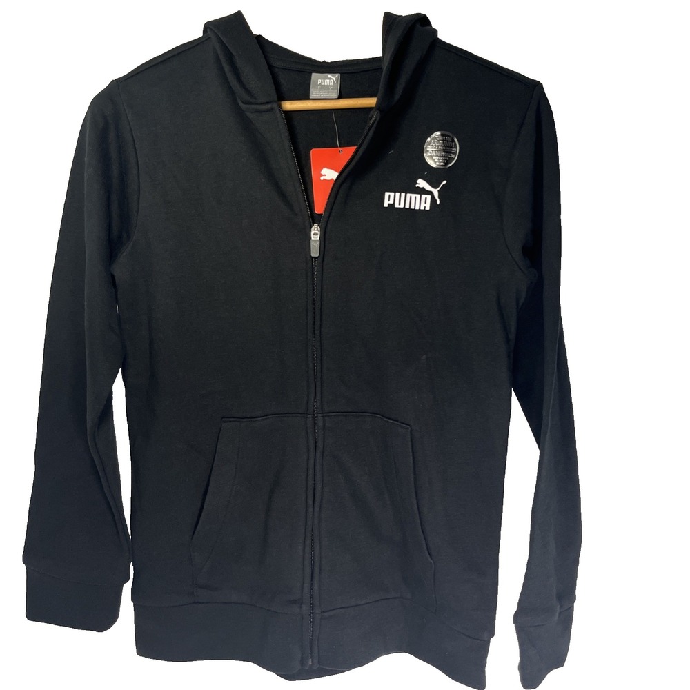 NWT Puma Hoodie Youth Large 14/16 Black Zip Up Soft Fleece Back Print Kid School